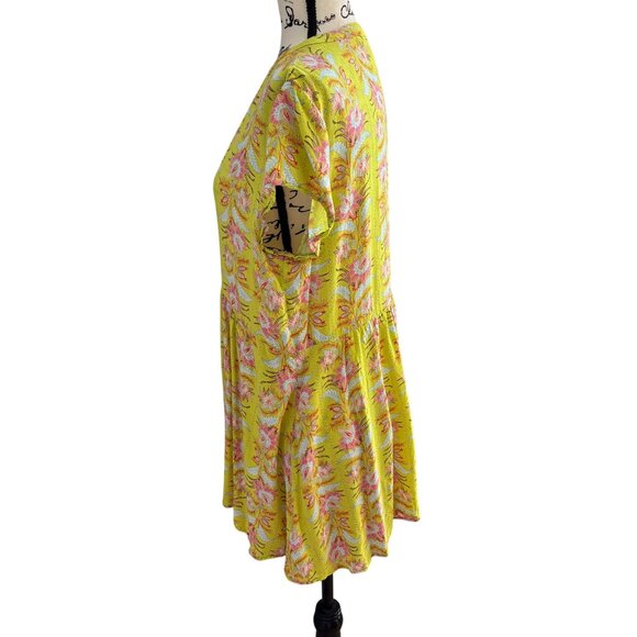 Vintage America Women's V-Neck Tunic Sz Large Chartreuse w/ Pink Floral - Picture 2 of 8